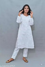 White Cotton Chikankari Kurti With Pant Set   Lucknowi Hand Embroidered Suit