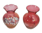 2 Vintage Cranberry Glass Small Vases Etched Cut   Hand Painted Bohemian