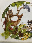Vintage Crewel Embroidery Woodland Scene Forest Animals Deer Raccoon Owl Framed