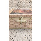 Vintage Woven Wicker Sewing Basket Pastoral Scene Padded Lid Toggle Closure Tan