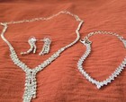 Silver Tone Clear Round Rhinestone Adjustable Necklace Earrings Bracelet Set