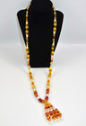Vintage Yellow   Amber Faceted Lucite Beads   Faux Pearl Necklace W  Dangles 33 