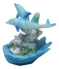 Marine Ocean 2 Blue Dolphins Swimming By Coral Reef And Clam Seashell Figurine