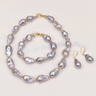 Huge Natural Silver Gray Baroque Keshi Pearl Necklace Bracelet Earrings Set
