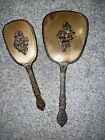 Vintage Gold Plated Hand Mirror And Hair Brush Set Raised Floral Daisy  Vanity