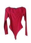 Naked Wardrobe Squared Away Long Sleeve Thong Bodysuit In Metallic Red Size M