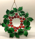 Leaded Stained Glass Christmas Holly Berry Wreath Hanging Window Lg Suncatcher