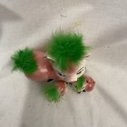 Vintage Ceramic Chained Pig Piglets W green Feather Figurine Japan New Old Stock