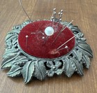 Vtg Antiqued Brass Color Metal Red Velvet Pin Cushion Victorian Style 3 1 2 Inch