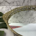 Vintage 70s Oval Mirror Tray Square Brass Gold Flowers Vanity Regency Bathroom