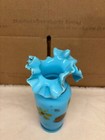 Antique Rare Victorian Hand Blown Glass Vase Ruffled Blue Opaline Cerulean Aqua