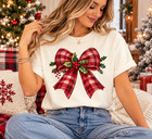 Vintage Plaid Christmas Bow T-shirt  Coquette Holiday Graphic Tee For Women