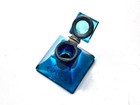 Antique Cobalt Blue Glass Ink Well Hinged Brass Cap Victorian Engraved Desk 1900