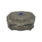 Vintage Ornate Flowers Silver Trinket Jewelry Box W Blue Stone Casket Red Liner