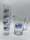 Vintage Miller Lite Pilsner Beer 9  Heavy Glass Pitcher   4 Miller Lite Glasses