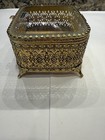 Vintage Ormolu 24k Gold Finish Flower Casket Trinket Box Beveled Glass