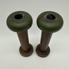 2 Industrial Vintage Wooden Textile Bobbin Spools Green Rim Primitive Grannycore