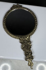 Vintage Hand Held Brass Tone Dual Sided Beveled Round Vanity Mirror  Free Ship