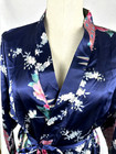 Elegant Peacock Cherry Blossom Silk Satin Kimono Robe With Tie Sleepwear Blue Os