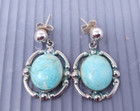 Vintage Blue Turquoise Oval Sterling Silver Dangle Pierced Earrings
