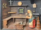 Vtg German Folk Art Farm Cottage Kitchen Shadow Box Carved Wood Diorama Woman 