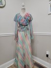 Vtg 70s Rainbow Pastel Chiffon Maxi Dress 2pcs Sheer Ruffle Wrap  Boho Festival 