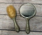 Antique Brass   Porcelain Vanity Hand Mirror   Brush Set Victorian 1930s Heavy