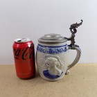Antique White s Of Utica Stoneware Beer Stein  41 Blue Lady Portrait Stoneware