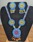 Native Style Beaded Rosette Necklace   Earrings Set Seed Bead Medallion Fringe