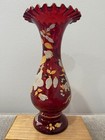 Vintage Antique Bohemian Cranberry Glass Vase W  Painted Flowers Decoration
