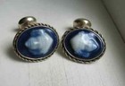 Vintage Sterling Silver Blue White Glass Greek Medusa Rope Edge Cuff Links