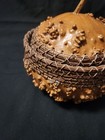 Handcrafted Lidded Warty Gourd Bowl W  Woven Pine Needle Trim Artist Signed 2014