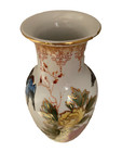 Vintage Japan Floral Blue Bird Vase 8  Porcelain Gold Orange Pink Yellow Flowers