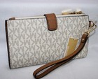 New Michael Kors Mk Signature Double Zip Phone Case Wallet Wristlet Vanilla