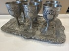 Set 6 Vintage Oxford Hall Pewter Small Sz  Goblets W Serving Tray Made In Japan