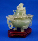 Censer Jade Sculpture Oriental Asian Art Dragon China Wood Base Early 1900s 20th