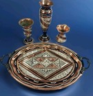 Vintage Enameled Copper Tray Set W intricate Design And 3 Matching Vases vessels