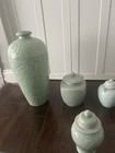 Celadon Green Glossy Ceramic Floral Embossed Lidded Ginger Jars And Vase