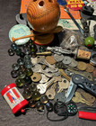 Vintage Junk Drawer Lot - Coins  Tobacco Tags  Knives  Old Tin   Much More  155 