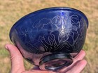 Antique Chinese 18th 19thc Qing Dynasty Carved Flowers Blue Peking Glass Bowl