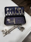 Antique vintage Collectible Metal Sewing Accessory Box Floral Design   Contents