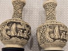 Set Of 2 Hand Carved Asian Motif Alabaster  cinabar Style Lamps 12  Tall