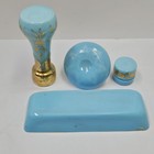 Antique Blue Opaline Glass Vanity Set French Bohemian Vase Trinket Box Tray Ring