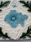 Antique Victorian Era Majolica Tile Blue Flower W  Green Leaves