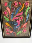 Vintage Mexican Folk Art Painting Bright Birds Flowers Amate Bark Signed Framed