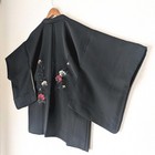 Japanese Vintage Haori Kimono Jacket Silk Black Roses And Stars Pattern