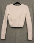 Women   s White Fuzzy Knit Cropped Twist Front V-neck Long Sleeve Pullover Sweater