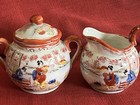 Japanese Kutani Geisha Porcelain Lidded Sugar Bowl  Creamer   8 Cups  2 Kinds 
