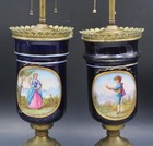 Antique Pair Of Sevres Style Porcelain   Bronze Patina Hand Painted Table Lamps