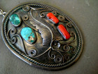 Native American Navajo Turquoise Coral Sterling Silver Pendant   Chain Necklace